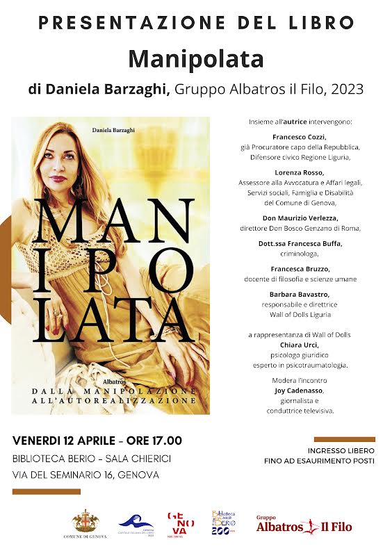 Daniela Barzaghi presenta Manipolata, il suo primo libro. Il 12 aprile ore 17 alla Biblioteca Berio di Genova in via del Seminario 16